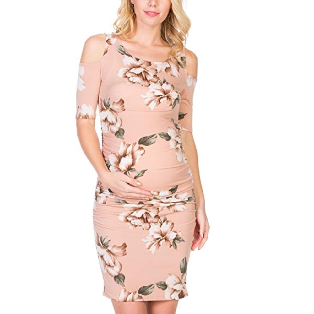 Blush Floral Cold Shoulder fitted Maternity dress